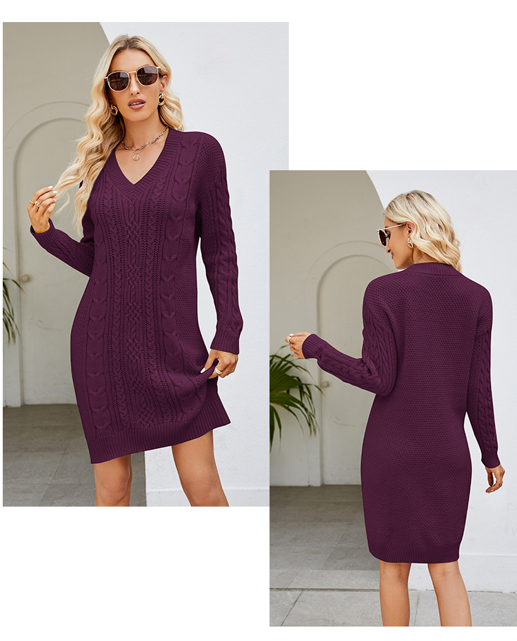 Womens Cable Knit Sweater Dress V-Neck Long Sleeve Winter Dress